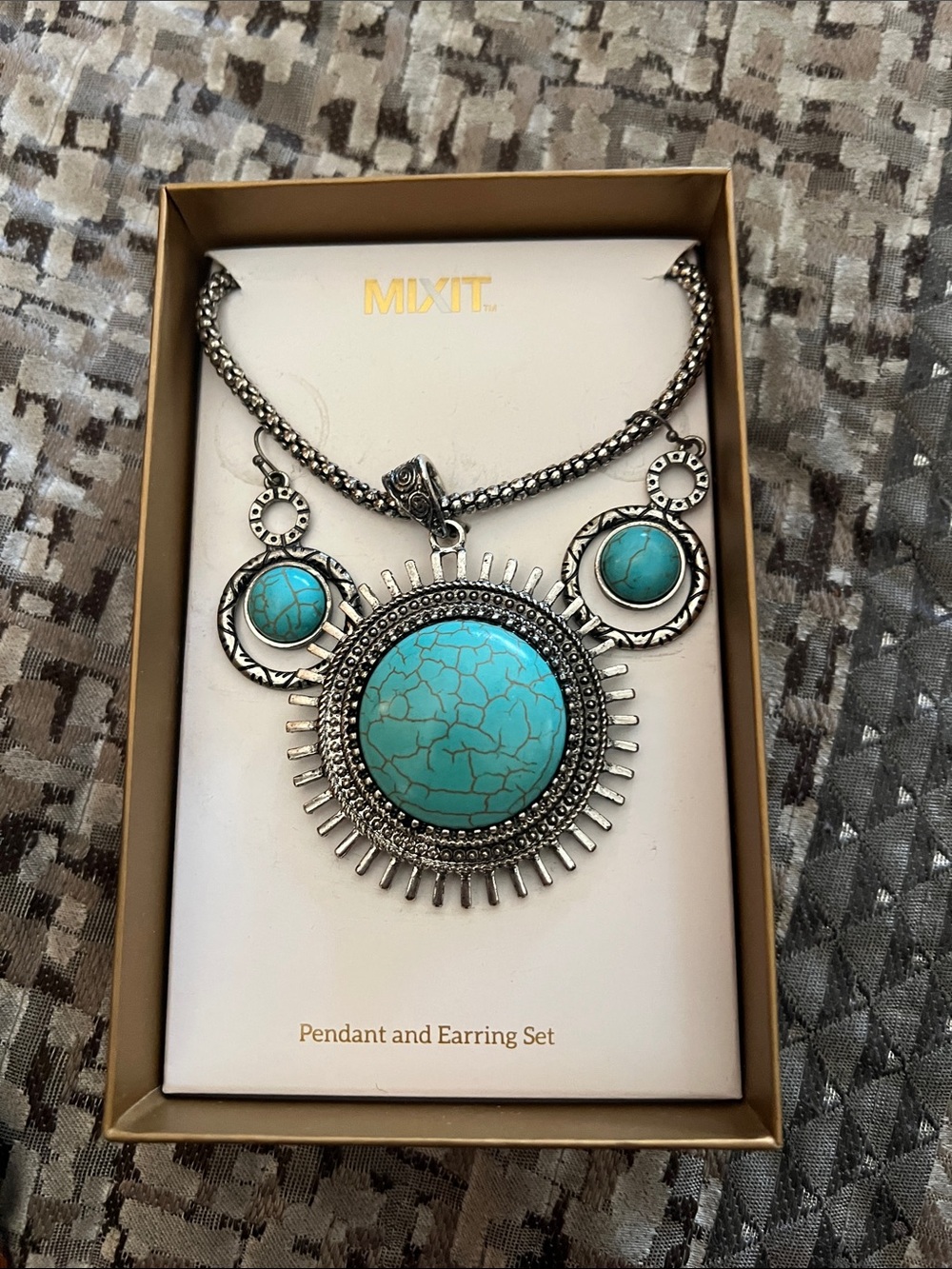 Mixit Silver-Tone Turquoise Sunburst Pendant & Earrings Set